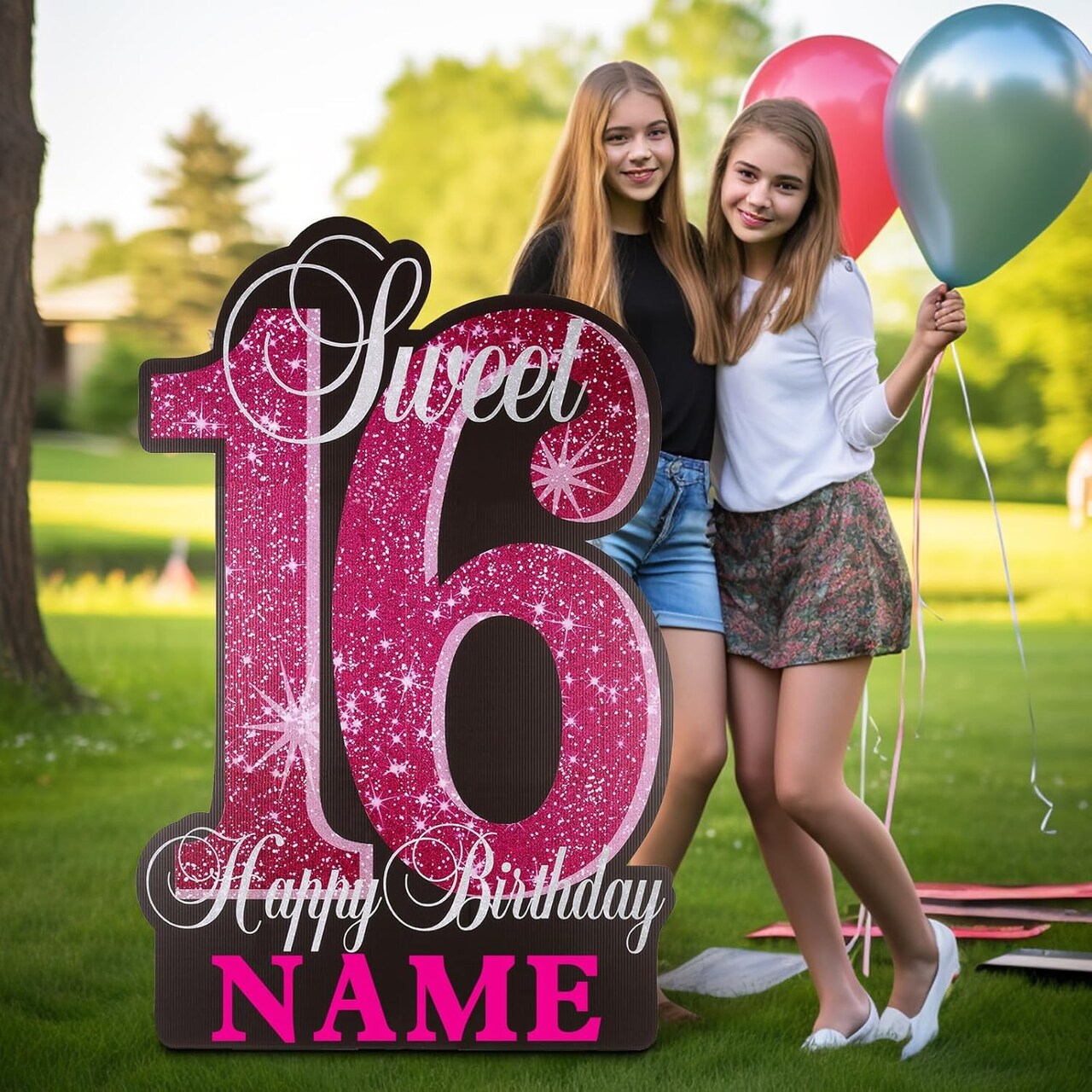 35 Inch Sweet 16 Birthday Large Yard Signs Personalized Name 16th Birthday Lawn Sign Glitter Waterproof Congrats Sign with Stakes for Happy Sweet 16 Party Outdoor